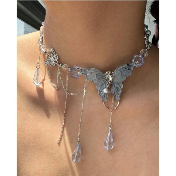 Jewelry - Fairycore Blue Butterfly Short Choker Statement Necklace with Blue Crystal Beads